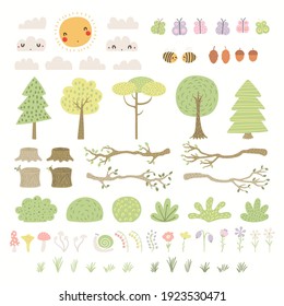 Woodland landscape clipart set, tree, bush, grass, flower, isolated on white. Hand drawn vector illustration. Scene creator, elements collection. Scandinavian style flat design. Concept for kids print