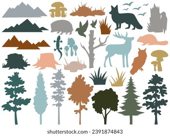 Landschaftspflanzen, Baumstämme, Pilze, Bergkamm, Vögel und Tierbewohner Silhouetten setzen Vektorgrafik. Dekorative natürliche Gestaltungselemente und Tier- und Pflanzenkreatur