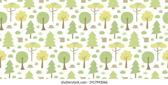 Woodland landscape with trees, shrubs, seamless pattern, on a white background. Hand drawn vector illustration. Scandinavian style flat design. Concept for kids woodland textile, wallpaper, packaging.