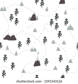 woodland map with mountains pine tree forest, pathways and blue lake. vector seamless pattern in doodle style