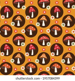 woodland mushroom and daisy seamless pattern on yellow background