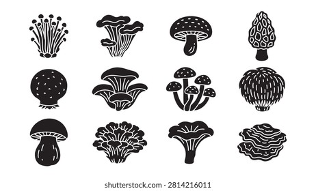 Woodland mushroom varieties solid icon set. Wild edible mushrooms silhouette elements. gourmet fungi collection filled illustration pack