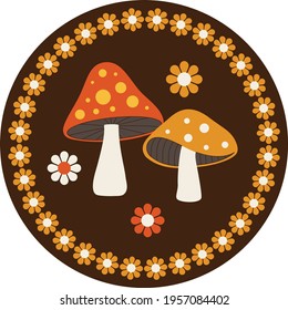 woodland mushrooms circular graphic with flowers and daisy border frame