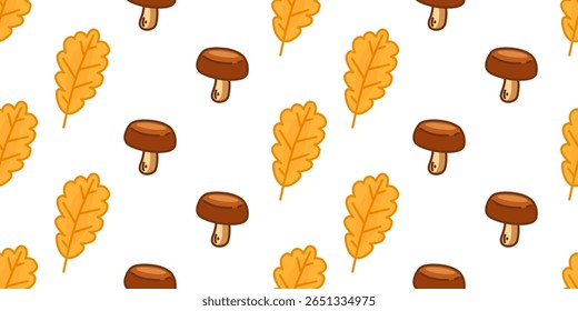 Cogumelos de floresta e folhas padrão. Padrão perfeito bonito com cogumelos florestais e folhas de carvalho. Estilo de desenho plano com cores naturais e atmosfera de floresta.