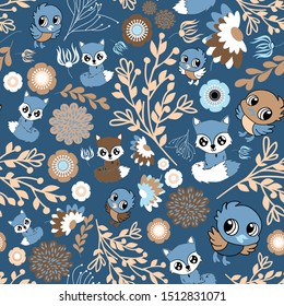 Woodland Pattern. Woodland Animal Vector Seamless Repeat with Dark BLue background. Perfect for Kids Fabrics lines, Apperal, Woodland backdrops, blue and brown themed quilting or scrapbooking projects