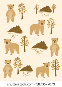 Patrón de bosques de osos parados y caminando alrededor de árboles y montañas