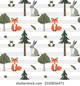 Woodland patterns. Cute seamless pattern with fox, bunny and frog. Forest wildlife backgrounds. 