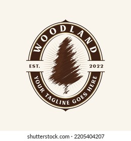 Woodland pine tree logo design template, woodworking tree logo vector emblem, evergreen, cedar tree, pines, spruce