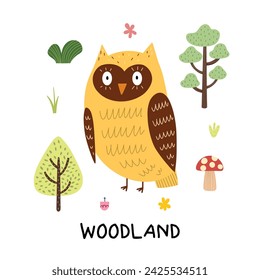 Woodland print with a cute owl Funny forest character print for kids in cartoon style. Funny little owlet card. Vector illustration