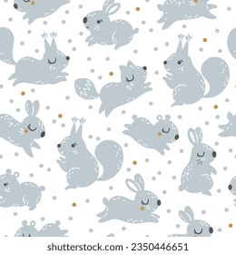 Woodland rabbit and squirrel seamless pattern, vector Christmas digital background with cute animals.