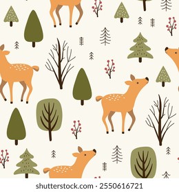 Woodland repete o padrão com cervos bonitos e plantas da floresta em um fundo claro. Textura de floresta de crianças criativas para tecido, envoltório, têxtil ou papel de parede.
