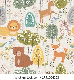 Woodland repeat pattern. Nursery art background. Children's fabric pattern design