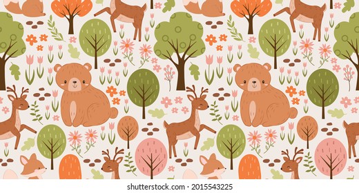 Woodland repeat pattern. Nursery art background. Children's fabric pattern design