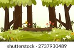 woodland scene featuring thick tree trunks and lush green grass with flowers