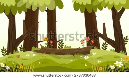 woodland scene featuring thick tree trunks and lush green grass with flowers