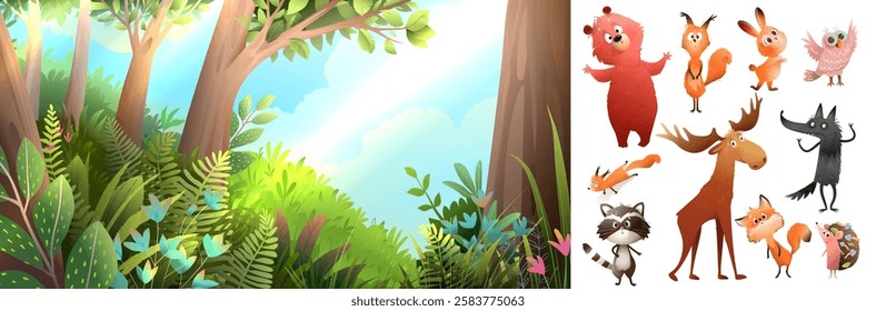 Woodland scenery and wild forest animals clipart collection. Cute bear wolf fox hedgehog with owl, and a turtle collection. Vector animals and wilderness background, kids story illustration collection