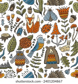 Woodland seamless pattern background. Forest animals in cartoon style. Ideas for kids design - wrapping, textile, fabric etc