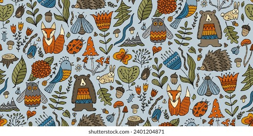 Woodland seamless pattern background. Forest animals in cartoon style. Ideas for kids design - wrapping, textile, fabric etc