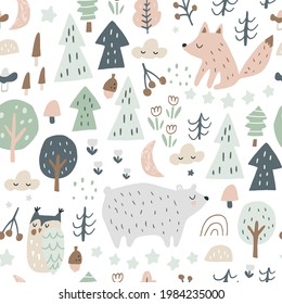 Woodland seamless pattern with bear, fox, owl and squirrel. Trendy woodland texture perfect for textile, fabric, apparel, wallpaper.Vector illustration