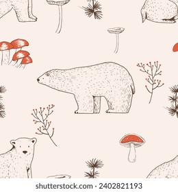 Woodland Seamless Pattern with Bears and mushrooms. Hand drawn vector illustration  