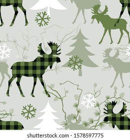 
 Woodland seamless pattern. Checkered  moose, fir trees, larch branches with cones and snowflakes .  Vector illustration in green colors.
