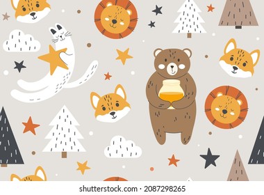 Woodland seamless pattern. Colorful template with bear, cloud, spruce, hare, fox and lion. Design element for wallpaper in nursery and printing on fabric or textiles. Cartoon flat vector illustration