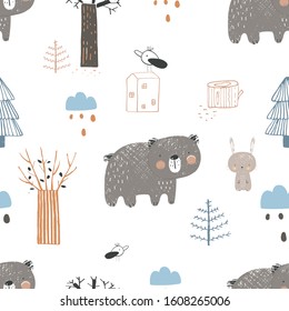 woodland seamless pattern with cute animals,bear,bunny,bird. Hand drawn  vector illustration.