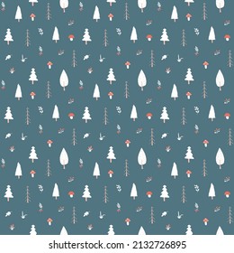 Patrón de bosque sin soldadura, fondo forestal. Árboles de dibujos animados y plantas ilustraciones vectoriales.
