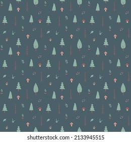 Woodland Seamless pattern, Forest background. Cute cartoon trees and plants vector illustration.