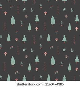 Woodland Seamless pattern, Forest background. Cute cartoon trees and plants vector illustration.