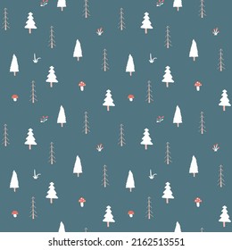 Woodland Seamless pattern, Forest background. Cute cartoon trees and plants vector illustration.