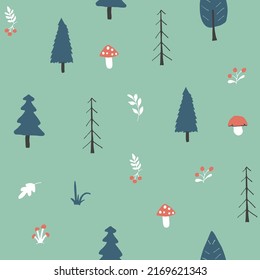 Patrón de bosque sin soldadura, fondo forestal. Árboles de dibujos animados y plantas ilustraciones vectoriales.