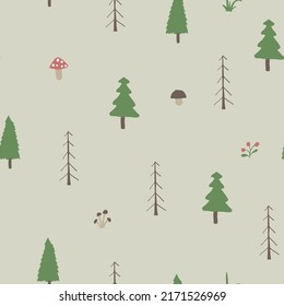 Woodland Seamless pattern, Forest background. Cute cartoon trees and plants vector illustration.