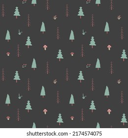 Woodland Seamless pattern, Forest background. Cute cartoon trees and plants vector illustration.