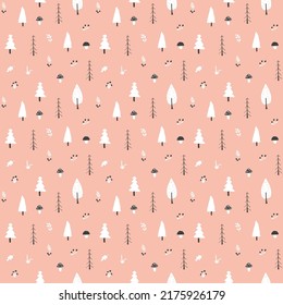Woodland Seamless pattern, Forest background. Cute cartoon trees and plants vector illustration.