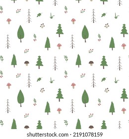 Woodland Seamless pattern, Forest background. Cute cartoon trees and plants vector illustration.