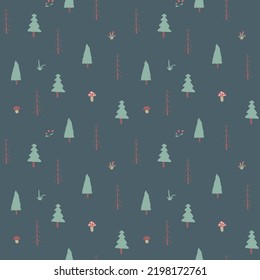 Woodland Seamless pattern, Forest background. Cute cartoon trees and plants vector illustration.