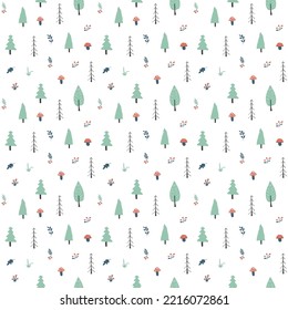Woodland Seamless pattern, Forest background. Cute cartoon trees and plants vector illustration.