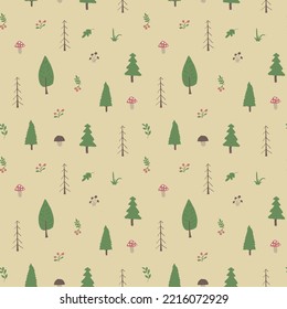 Woodland Seamless pattern, Forest background. Cute cartoon trees and plants vector illustration.