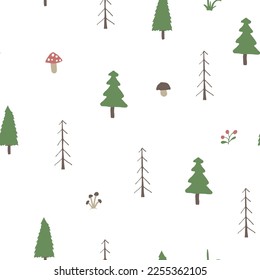 Patrón de bosque sin soldadura, fondo forestal. Árboles de dibujos animados y plantas ilustraciones vectoriales.