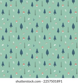 Woodland Seamless pattern, Forest background. Cute cartoon trees and plants vector illustration.