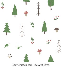 Patrón de bosque sin soldadura, fondo forestal. Árboles de dibujos animados y plantas ilustraciones vectoriales.