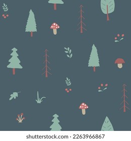 Patrón de bosque sin soldadura, fondo forestal. Árboles de dibujos animados y plantas ilustraciones vectoriales.