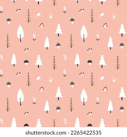 Woodland Seamless pattern, Forest background. Cute cartoon trees and plants vector illustration.