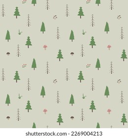 Woodland Seamless pattern, Forest background. Cute cartoon trees and plants vector illustration.