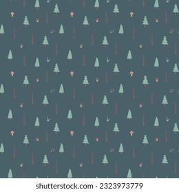Woodland Seamless pattern, Forest background. Cute cartoon trees and plants vector illustration.