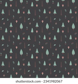 Patrón de bosque sin soldadura, fondo forestal. Árboles de dibujos animados y plantas ilustraciones vectoriales.