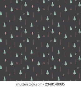 Woodland Seamless pattern, Forest background. Cute cartoon trees and plants vector illustration.
