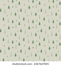 Woodland Seamless pattern, Forest background. Cute cartoon trees and plants vector illustration.