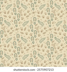 Woodland seamless pattern. Forest endless background. Beige repeat cover. continuous ornament. Vector hand drawn illustration.